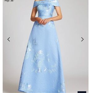 Teri Jon by Rickie Freeman periwinkle blue floral off shoulder gown jacquard